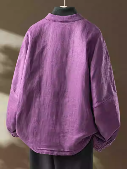 Chic Mandarin-Collar Cotton-Linen Frog-Button Women’s Jacket with Relaxed Oversized Silhouette