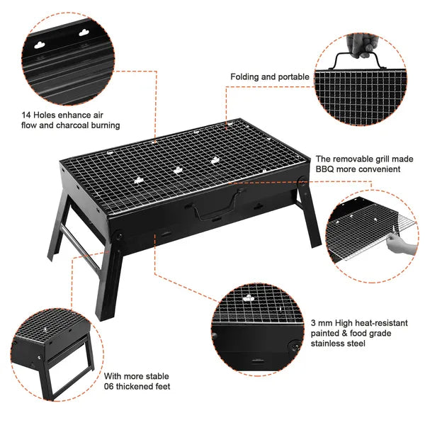 Foldable Portable Charcoal BBQ Grill – 17" Stainless Steel Cooking Grate, Ash Catcher, Folds Flat for Camping & Picnics