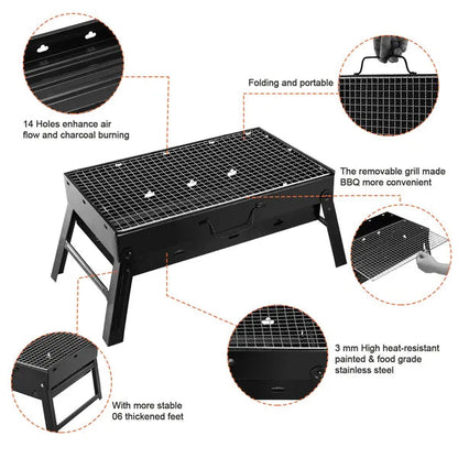 Foldable Portable Charcoal BBQ Grill – 17" Stainless Steel Cooking Grate, Ash Catcher, Folds Flat for Camping & Picnics