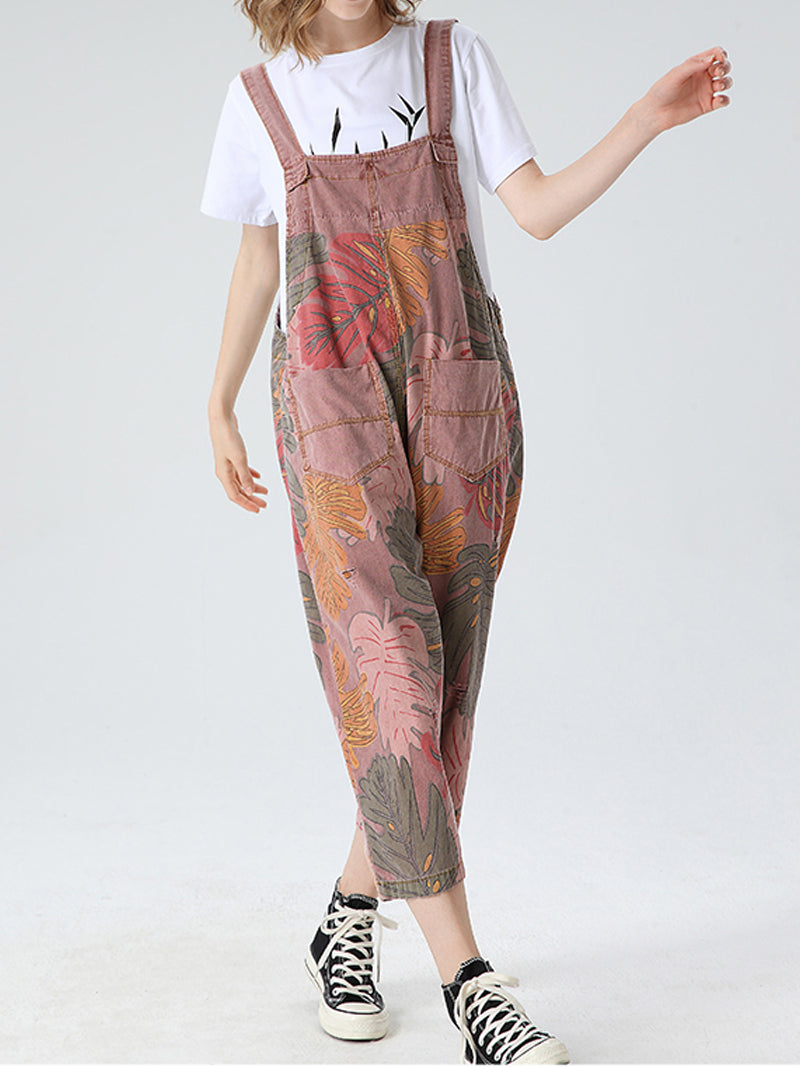 Tropical Leaf Cotton Dungarees -  Ankle-Length Overalls