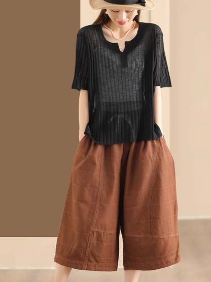 Women's  Summer Elastics Waist Wide Leg Pockets Pant Bottom