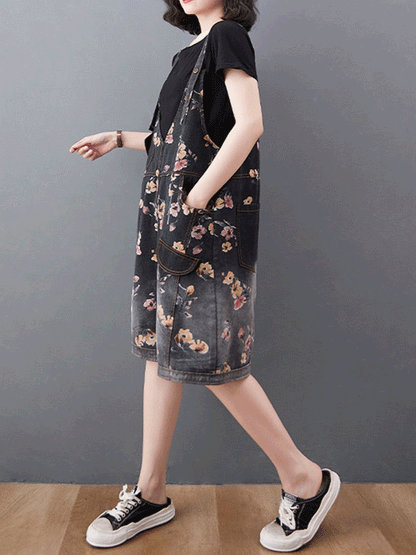 Knee-Length Floral Denim Dungaress - Deep V Bib Design