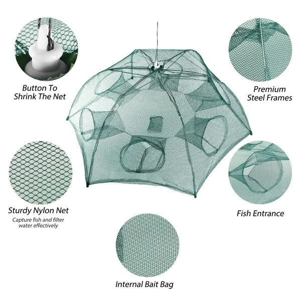 Foldable Fishing Bait Trap Net – 6-Sided, 360° Entry for Fish, Shrimp & Crab