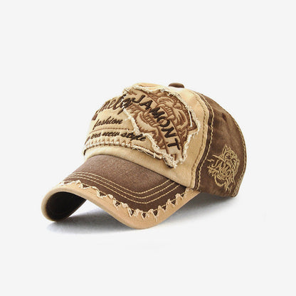 Embroidered Tiger Head Sun Hat – Cotton, Curled Brim, 5 Colors