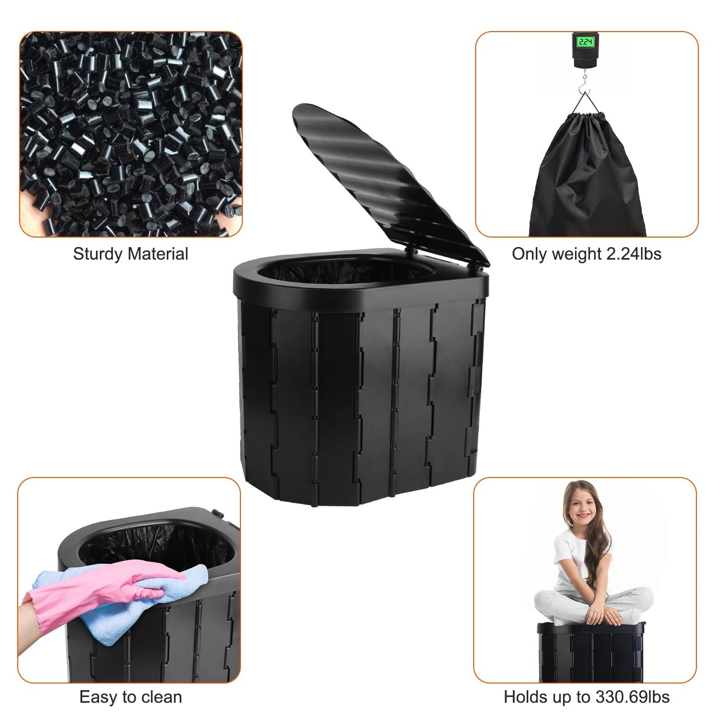 Foldable Portable Camping Toilet with Lid, Carry Bag & Garbage Bags