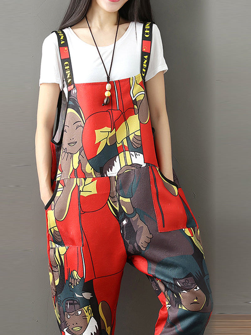Graphic Character Print Dungarees - Wide Leg Cropped Fit