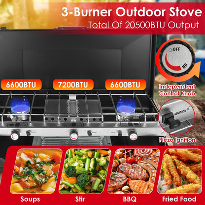 3-Burner Portable Propane Camping Stove – 20,500 BTU, Foldable with Windshield, Oil Tray & Grilling Mesh