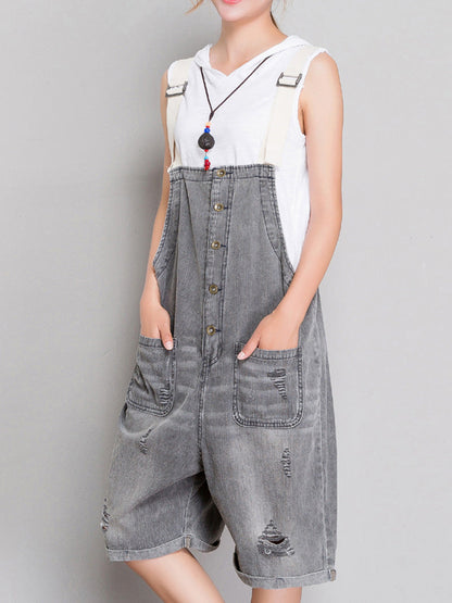 Distressed Grey Denim Romper - Button Front Style