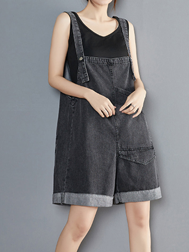 Oversized Utility Pocket Denim Romper Dungarees - Grey Wash