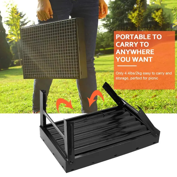 Foldable Portable Charcoal BBQ Grill – 17" Stainless Steel Cooking Grate, Ash Catcher, Folds Flat for Camping & Picnics