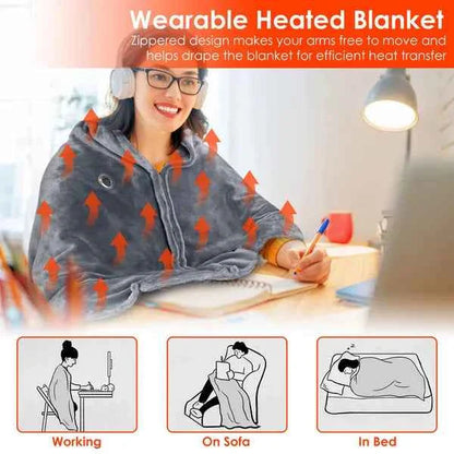USB Heated Blanket Shawl with Zipper – 8 Heating Zones, 3 Temperature Settings