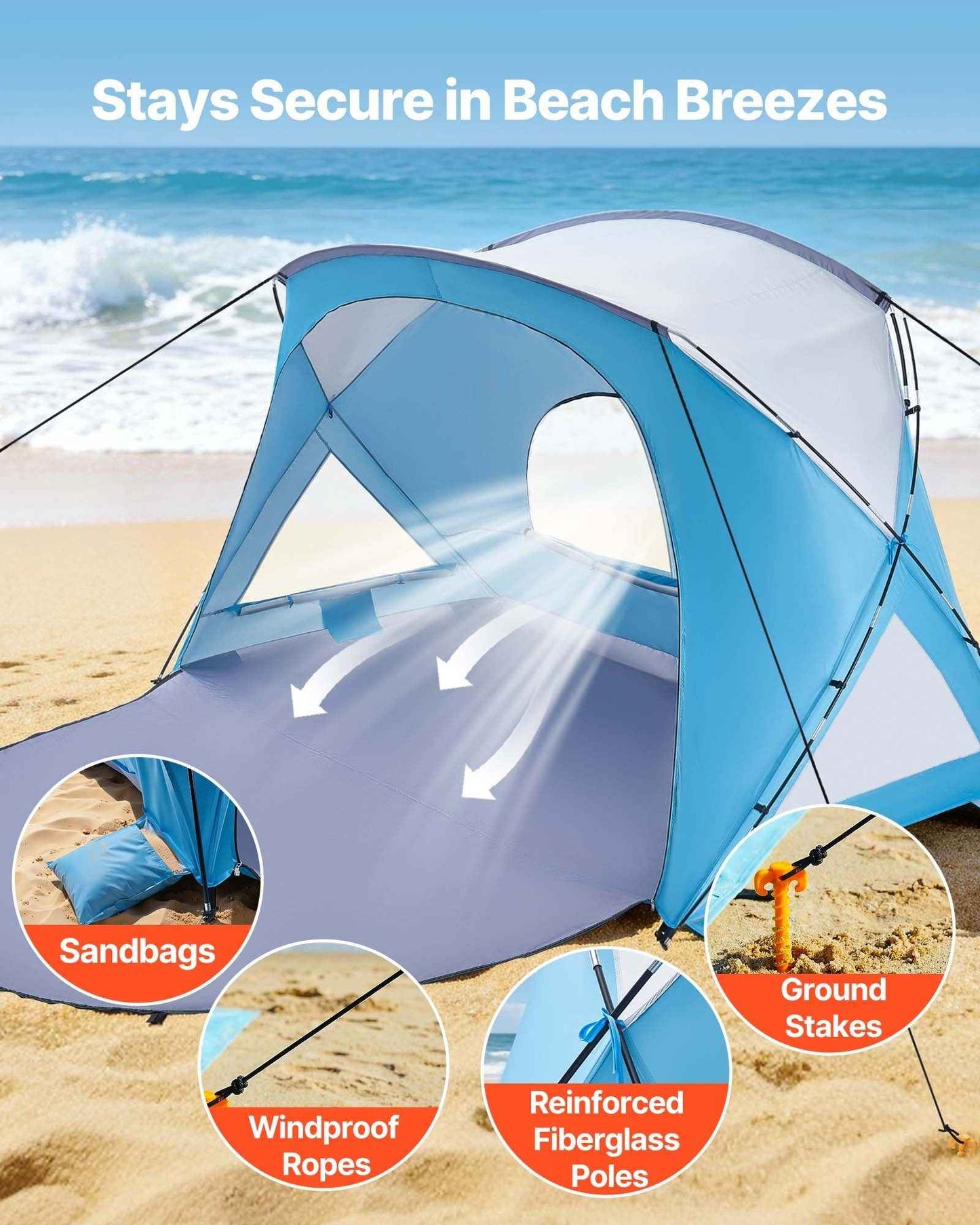6-Person Beach Tent Sun Shelter – UPF 50+ with Sand Pockets, Mesh Windows & Carry Bag | Black