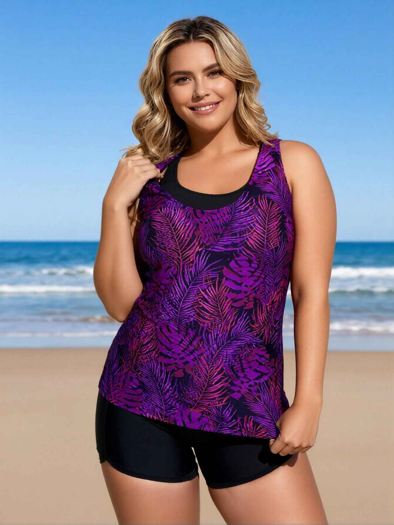 Women's Purple & Black Botanical Print Boyleg Two-Piece Swimsuit
