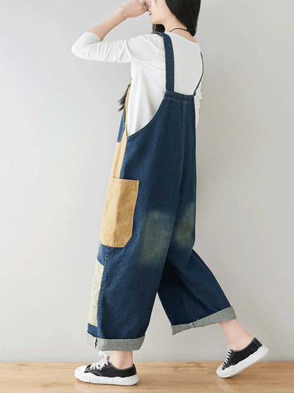 Button Front Denim Dungarees with Contrast Panel Details