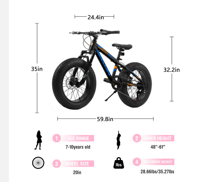 20" Fat Tire Mountain Bike | Full Shimano 7-Speed, Dual Disc Brakes & Front Suspension