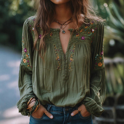 Women's Embroidered Floral Cotton Top with Bishop Sleeves – Green