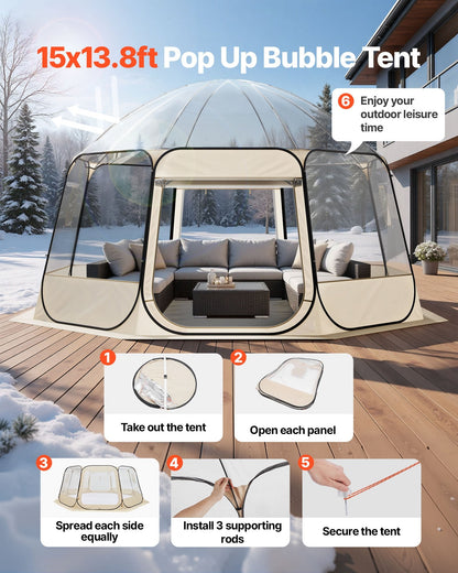 Clear Bubble Dome Tent | 15x13.8 FT Pop-Up Igloo for 12-15 People | 540° View
