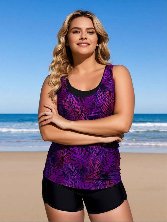 Women's Purple & Black Botanical Print Boyleg Two-Piece Swimsuit