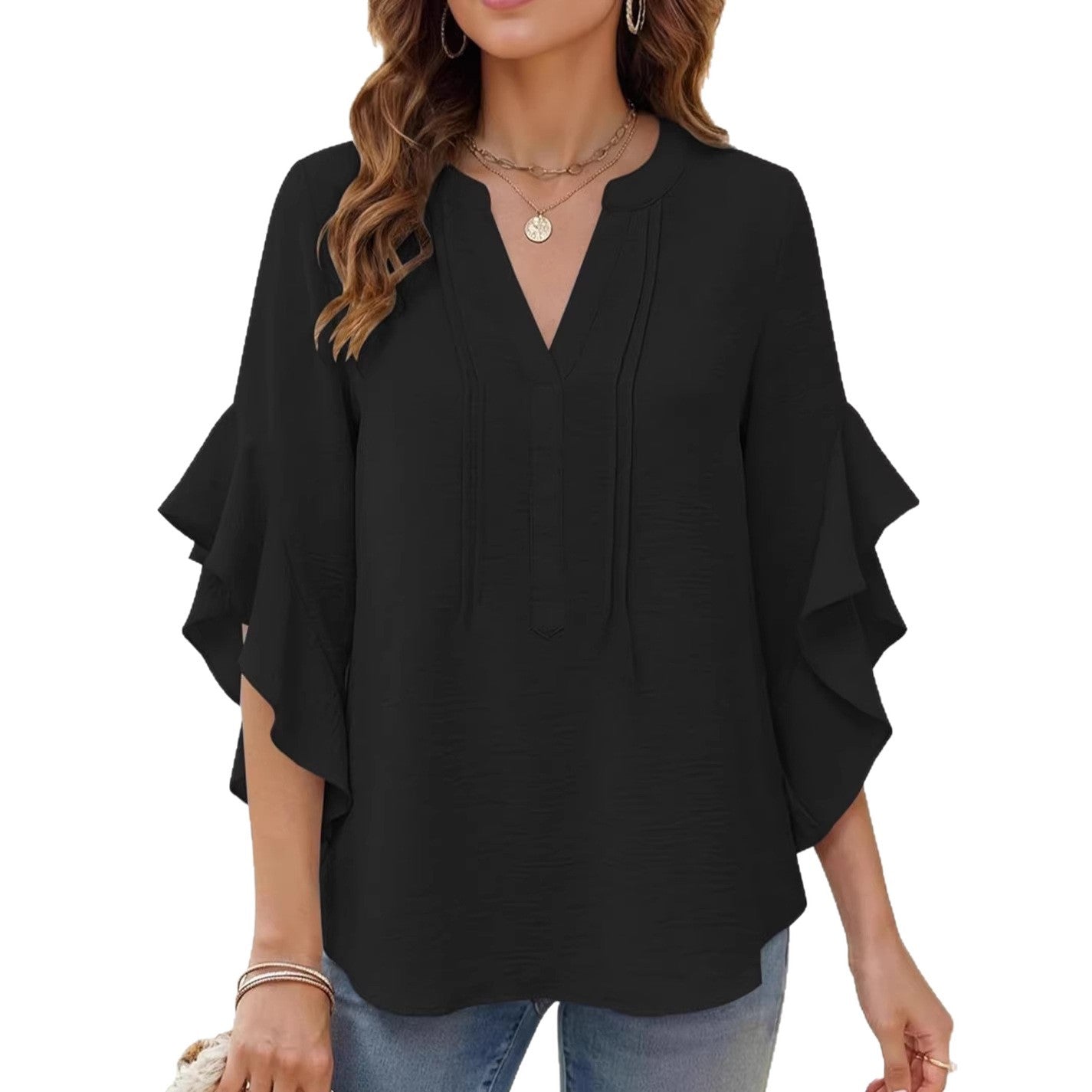 Women's V-Neck Ruffle-Sleeve Loose Casual Shirt – 5 Colors