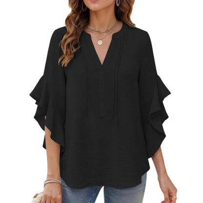 Women's V-Neck Ruffle-Sleeve Loose Casual Shirt – 5 Colors