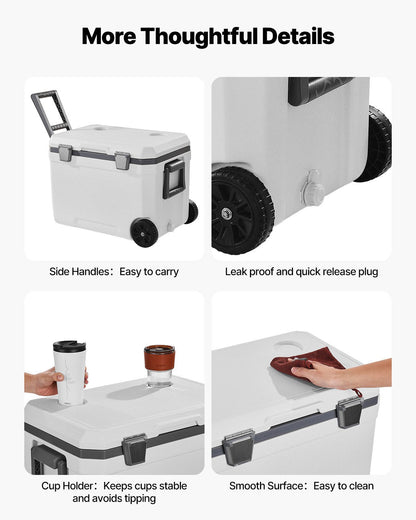 Portable Hard Cooler 45QT | 64-Can Wheeled Cooler with Cup Holder
