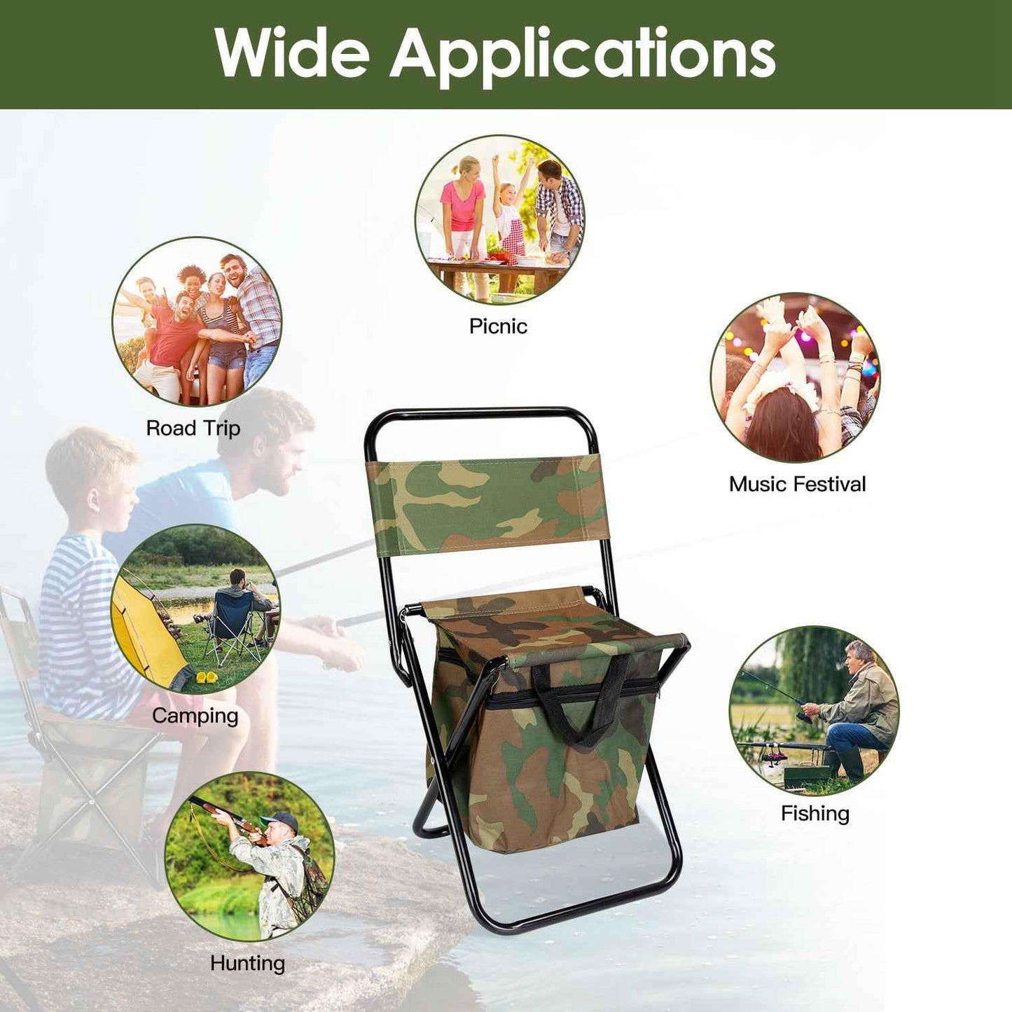 Foldable Fishing Chair with Backrest & Built-In 10L Cooler Bag