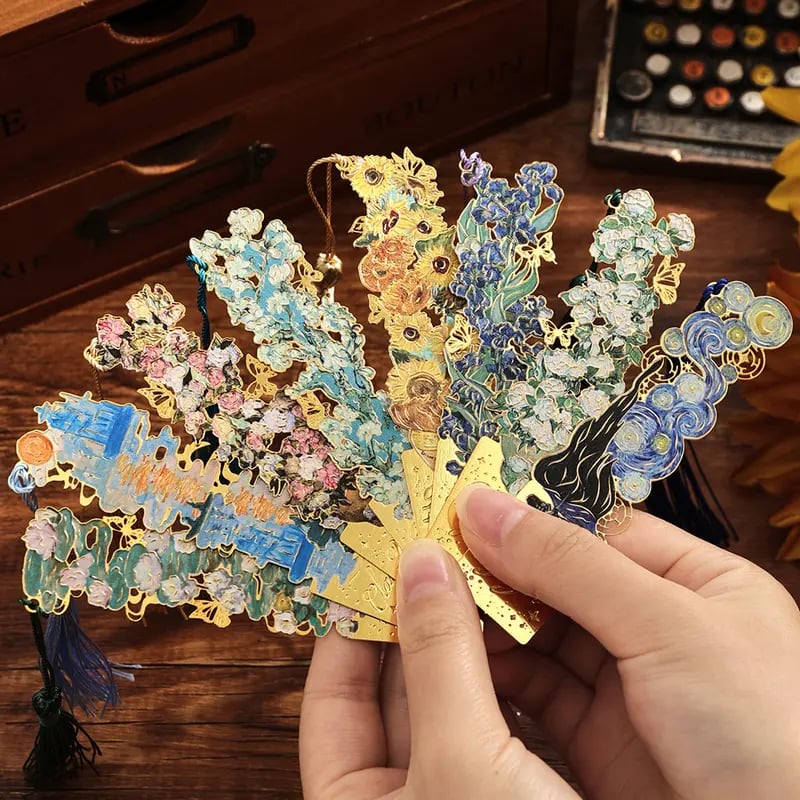 üìö‚ú® 8-Piece Gold Metal Bookmark Set with Tassel ‚Äì Van Gogh & Monet Inspired Gift for Book Lovers üé®