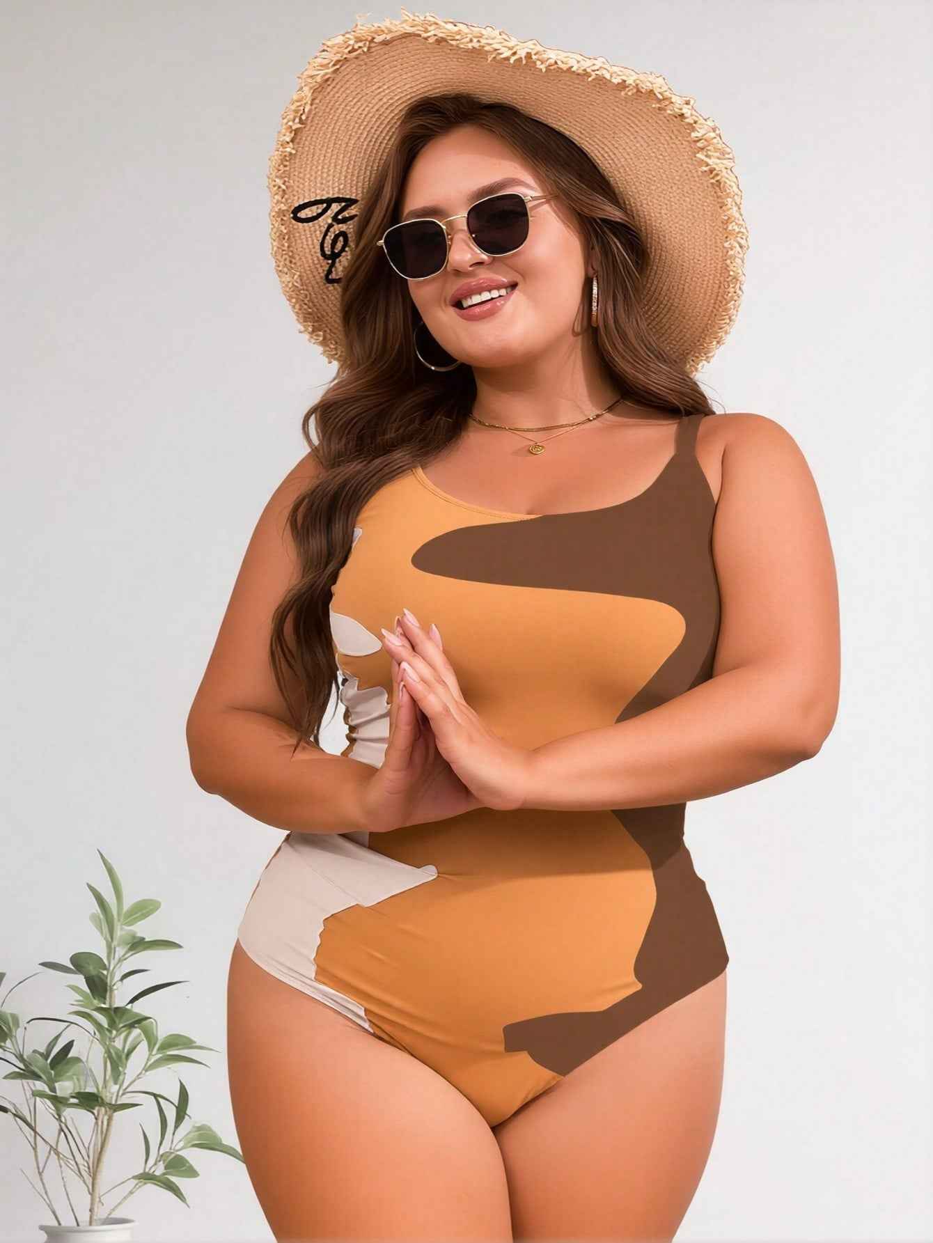 Women's Plus Size Earth Tone Color Block One-Piece Swimsuit