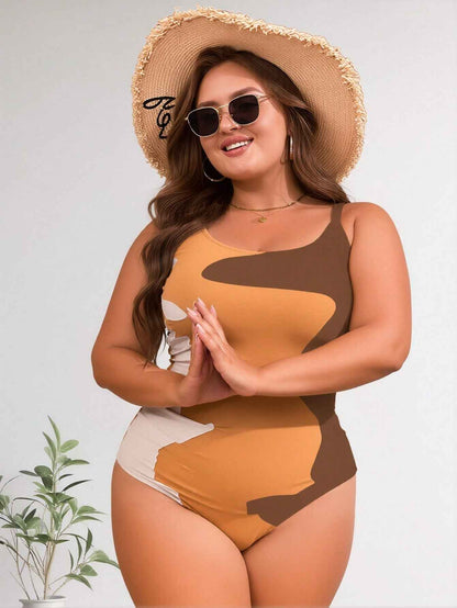 Women's Plus Size Earth Tone Color Block One-Piece Swimsuit