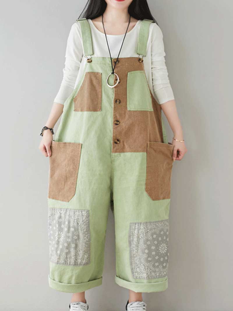 Button Front Denim Dungarees with Contrast Panel Details