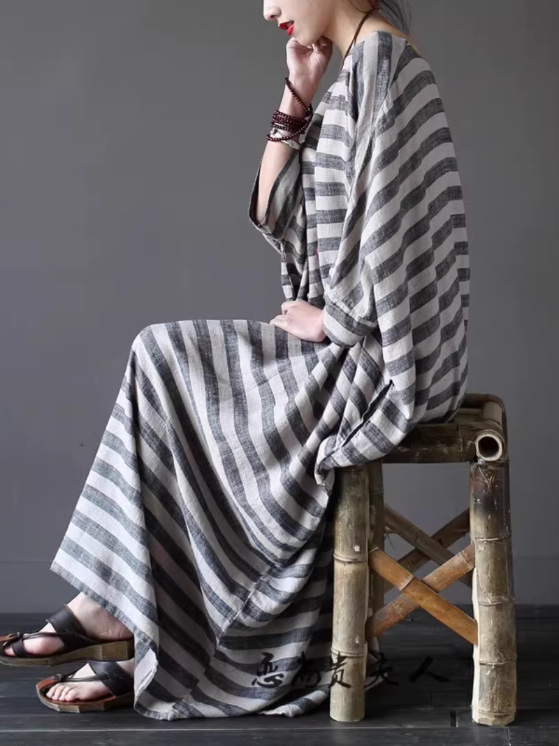 Women's Summer Beautiful Retro Loose Striped Kaftan Style Dress