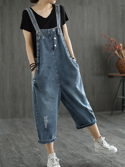 Floral Side Panel Denim Dungarees - Wide Leg Fit