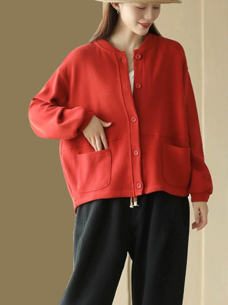 Women's Modern Casual Wear Stand Collar Pocket Style Sweater