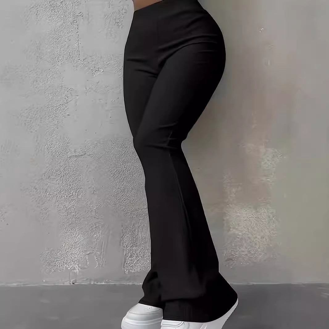Women's High-Waist Ribbed Slim-Fit Flared Trousers – Pink