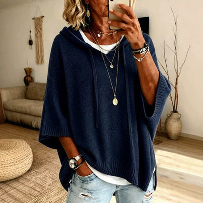 Women's Knitted Hooded Drawstring Sweater – Casual Cozy Pullover