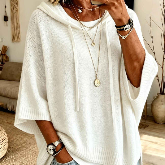 Women's Knitted Hooded Drawstring Sweater – Casual Cozy Pullover