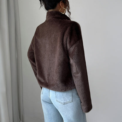 Women's Faux Fur Collar Long-Sleeve Coat – Dark Brown