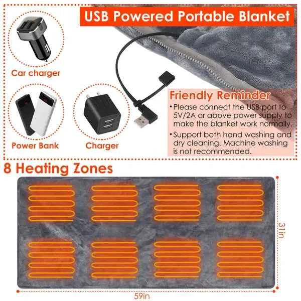 USB Heated Blanket Shawl with Zipper – 8 Heating Zones, 3 Temperature Settings
