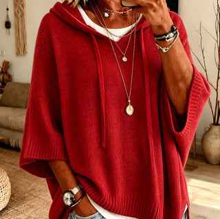 Women's Knitted Hooded Drawstring Sweater – Casual Cozy Pullover
