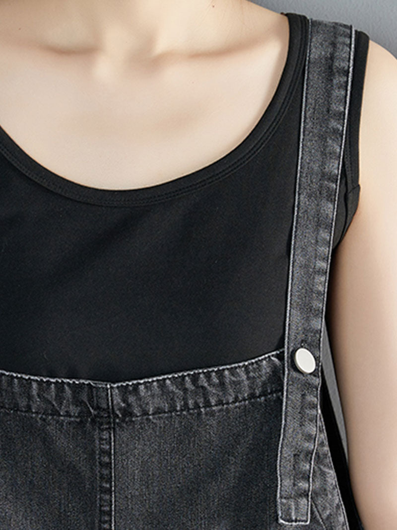 Oversized Utility Pocket Denim Romper Dungarees - Grey Wash