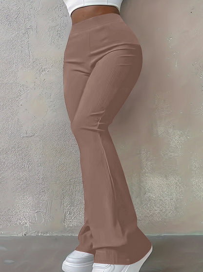 Women's High-Waist Ribbed Slim-Fit Flared Trousers – Pink