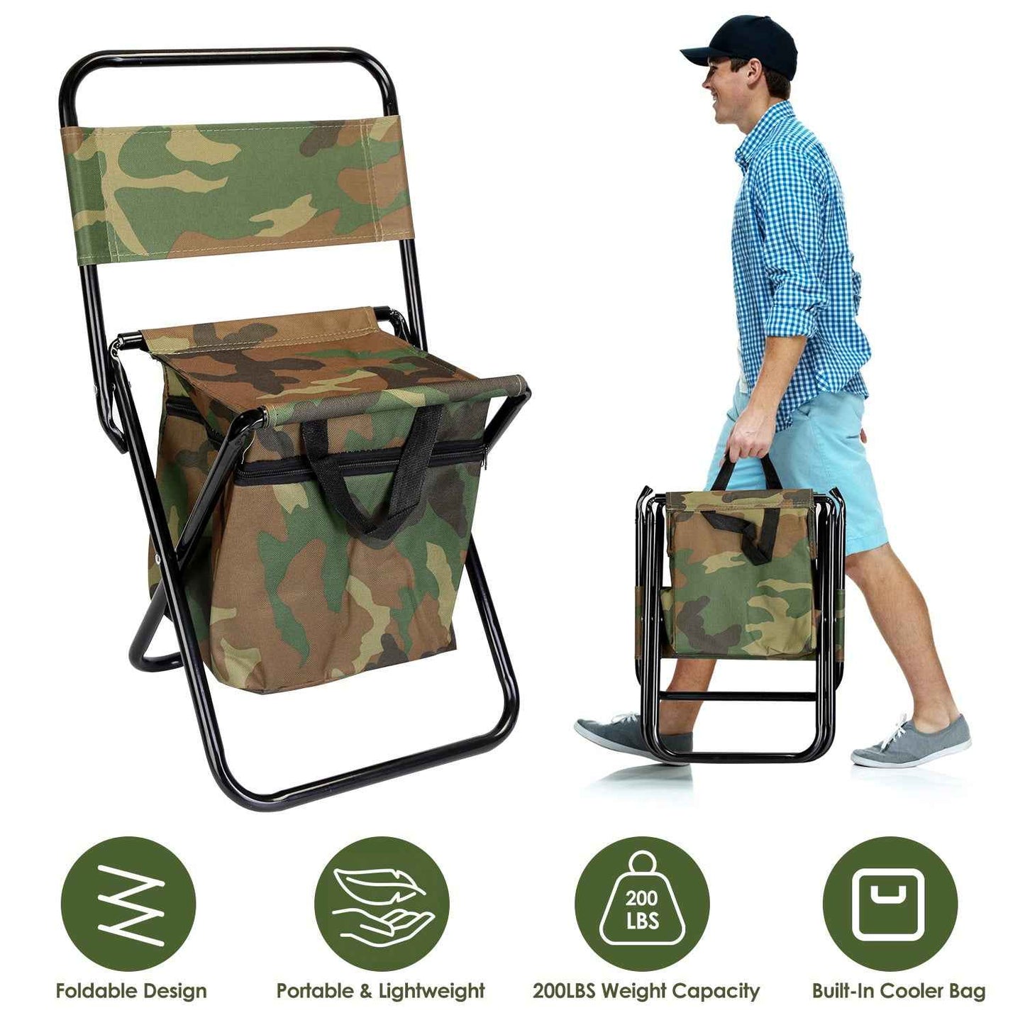 Foldable Fishing Chair with Backrest & Built-In 10L Cooler Bag