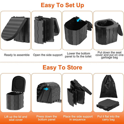 Foldable Portable Camping Toilet with Lid, Carry Bag & Garbage Bags