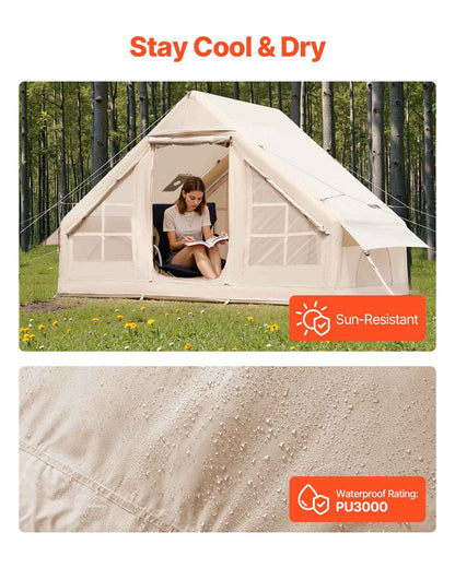 3–5 Person Inflatable Glamping Tent – 4-Season 300D Oxford Blow-Up Tent with Stove Jack & Hand Pump