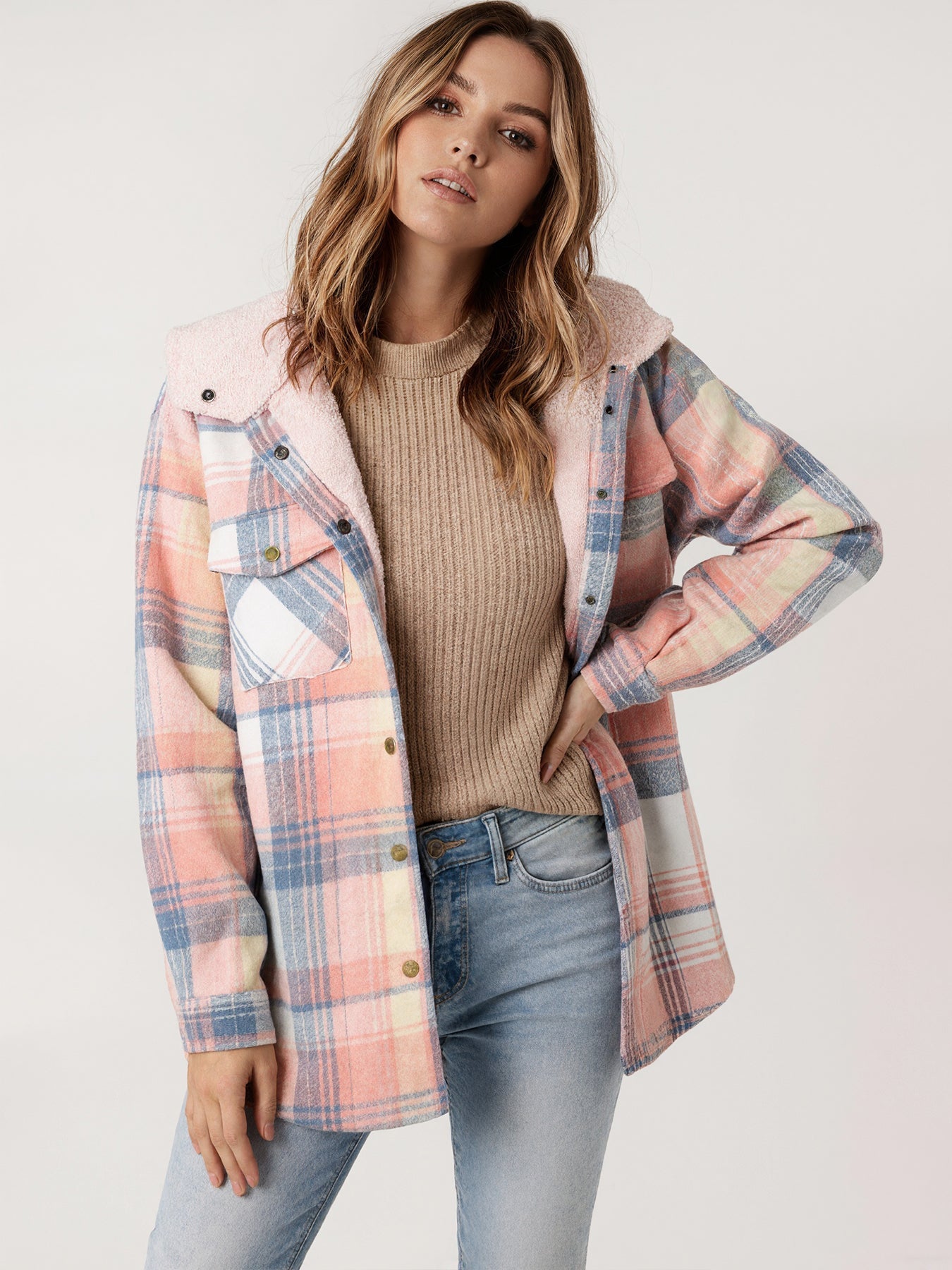 Women's Fleece-Lined Plaid Hooded Jacket with Pockets – Pink