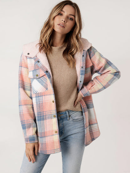 Women's Fleece-Lined Plaid Hooded Jacket with Pockets – Pink