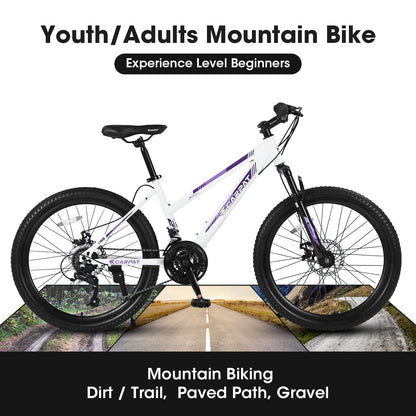 24" Girls & Women's Mountain Bike | Shimano 21-Speed, Dual Disc Brakes & 100mm Suspension