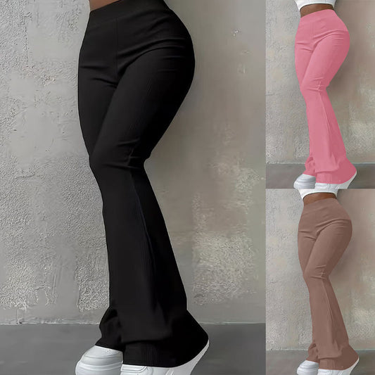 Women's High-Waist Ribbed Slim-Fit Flared Trousers – Pink
