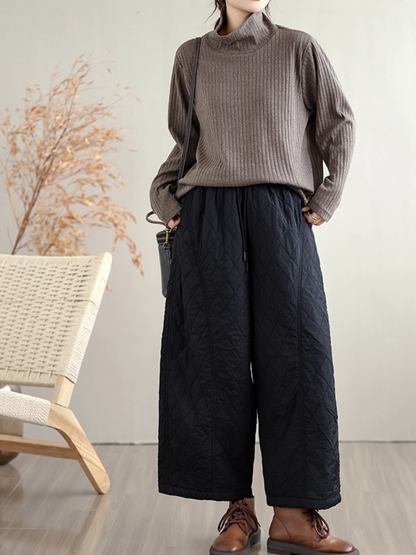 Women's Quilted Wide-Leg Cotton Blend Winter Pants with Drawstring Waist
