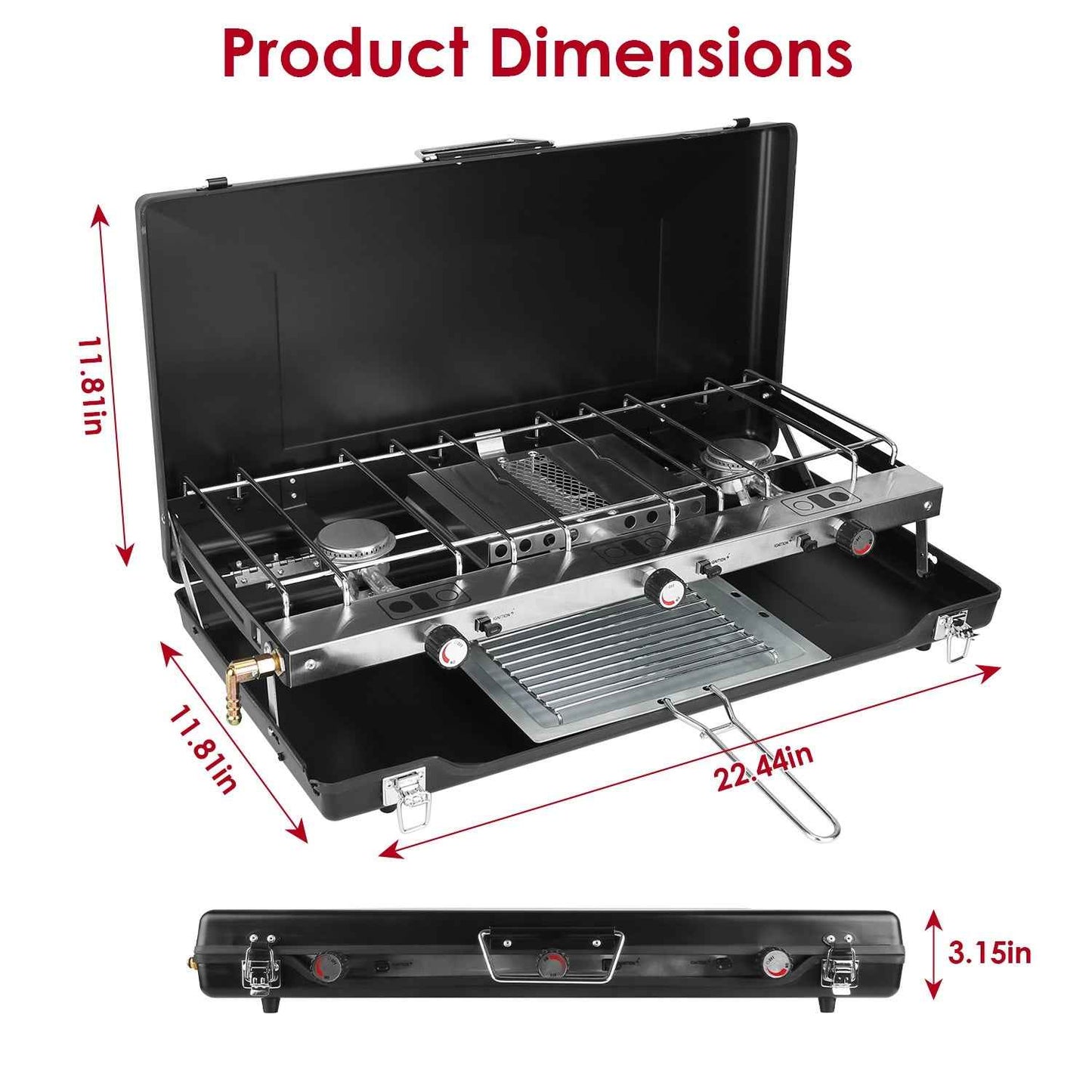 3-Burner Portable Propane Camping Stove – 20,500 BTU, Foldable with Windshield, Oil Tray & Grilling Mesh